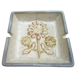 Vintage Japanese Ceramic Square Trinket Dish Mod Flower Pottery Retro Decor